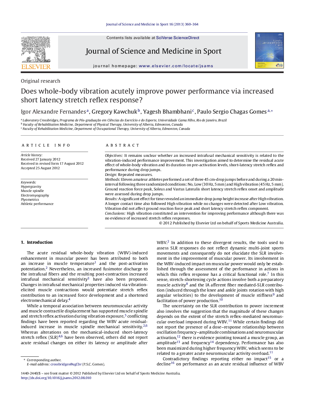 Does whole-body vibration acutely improve power performance via increased short latency stretch reflex response?