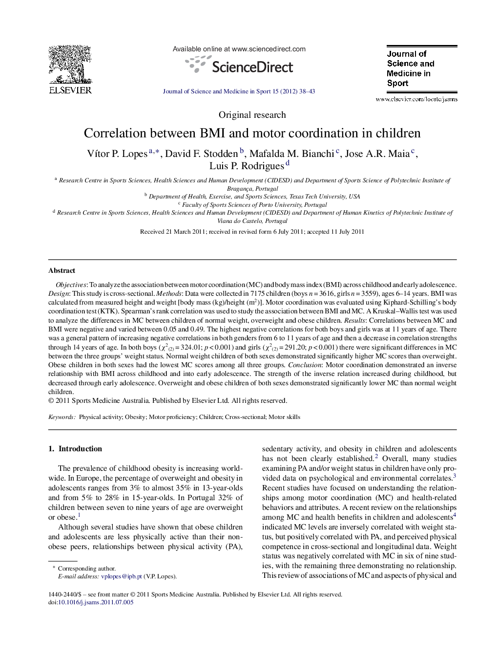 Correlation between BMI and motor coordination in children