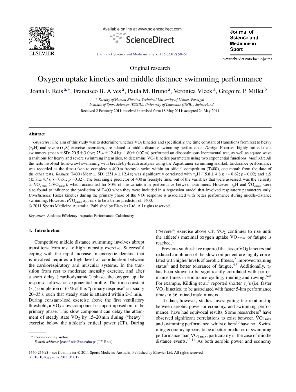 Oxygen uptake kinetics and middle distance swimming performance