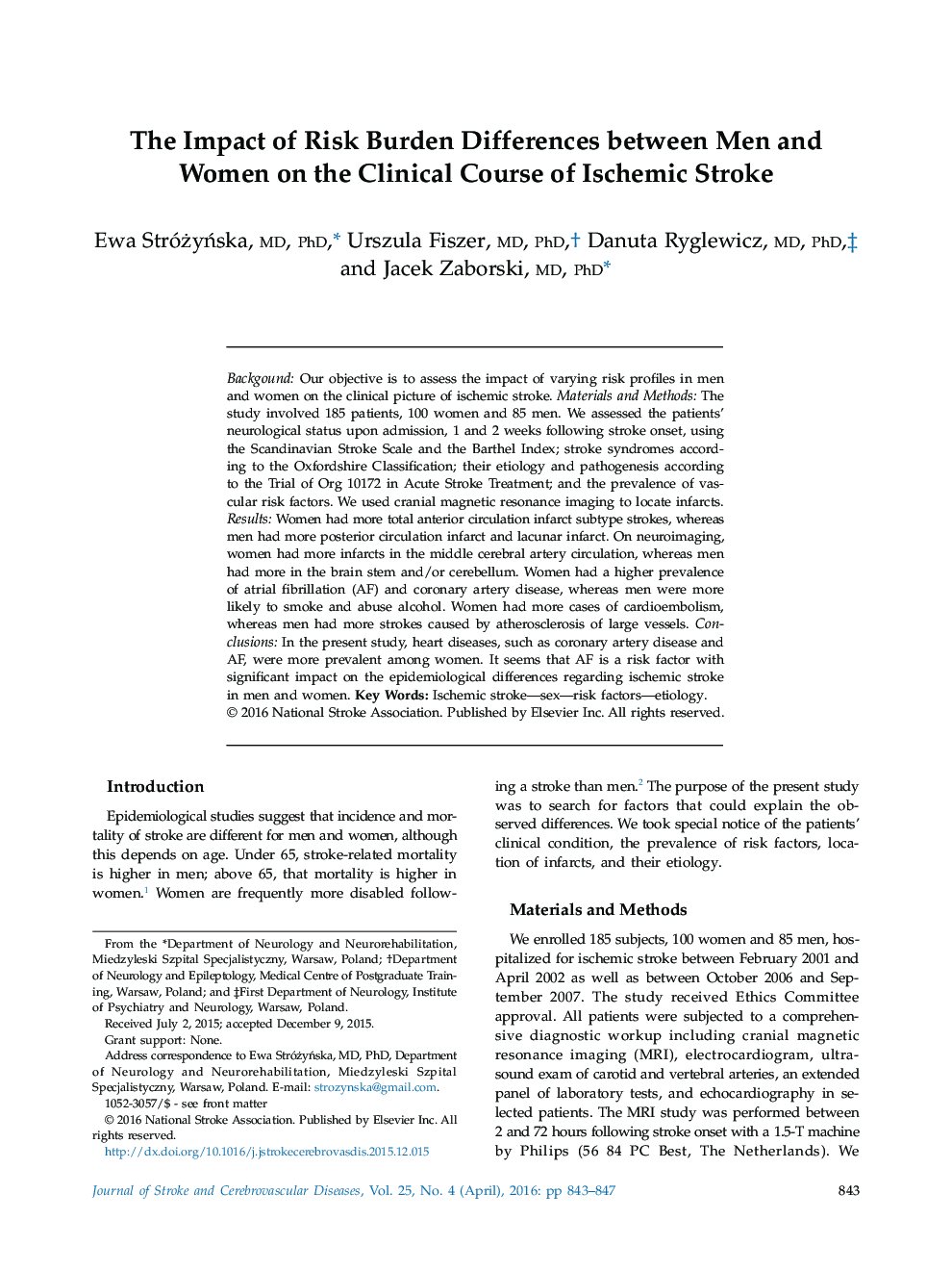 The Impact of Risk Burden Differences between Men and Women on the Clinical Course of Ischemic Stroke 