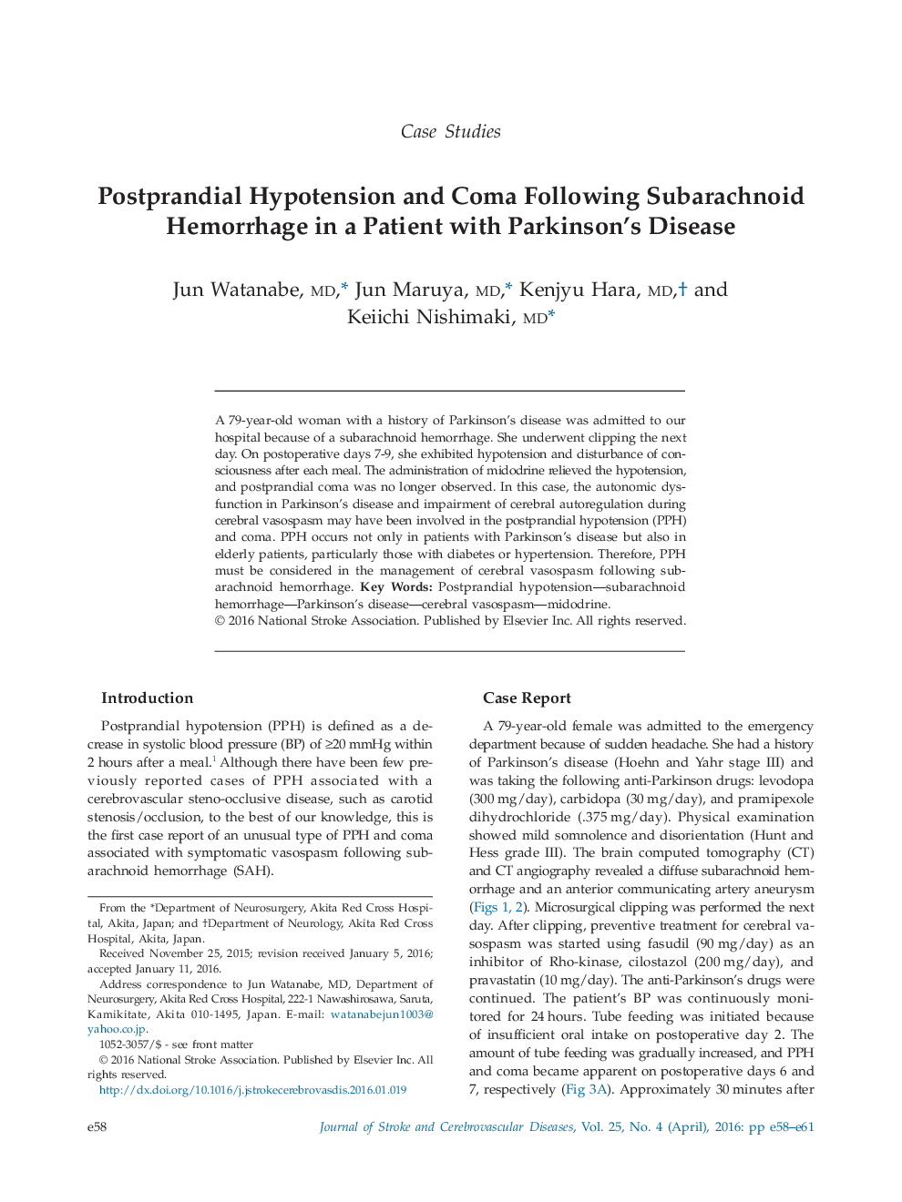 Postprandial Hypotension and Coma Following Subarachnoid Hemorrhage in a Patient with Parkinson's Disease