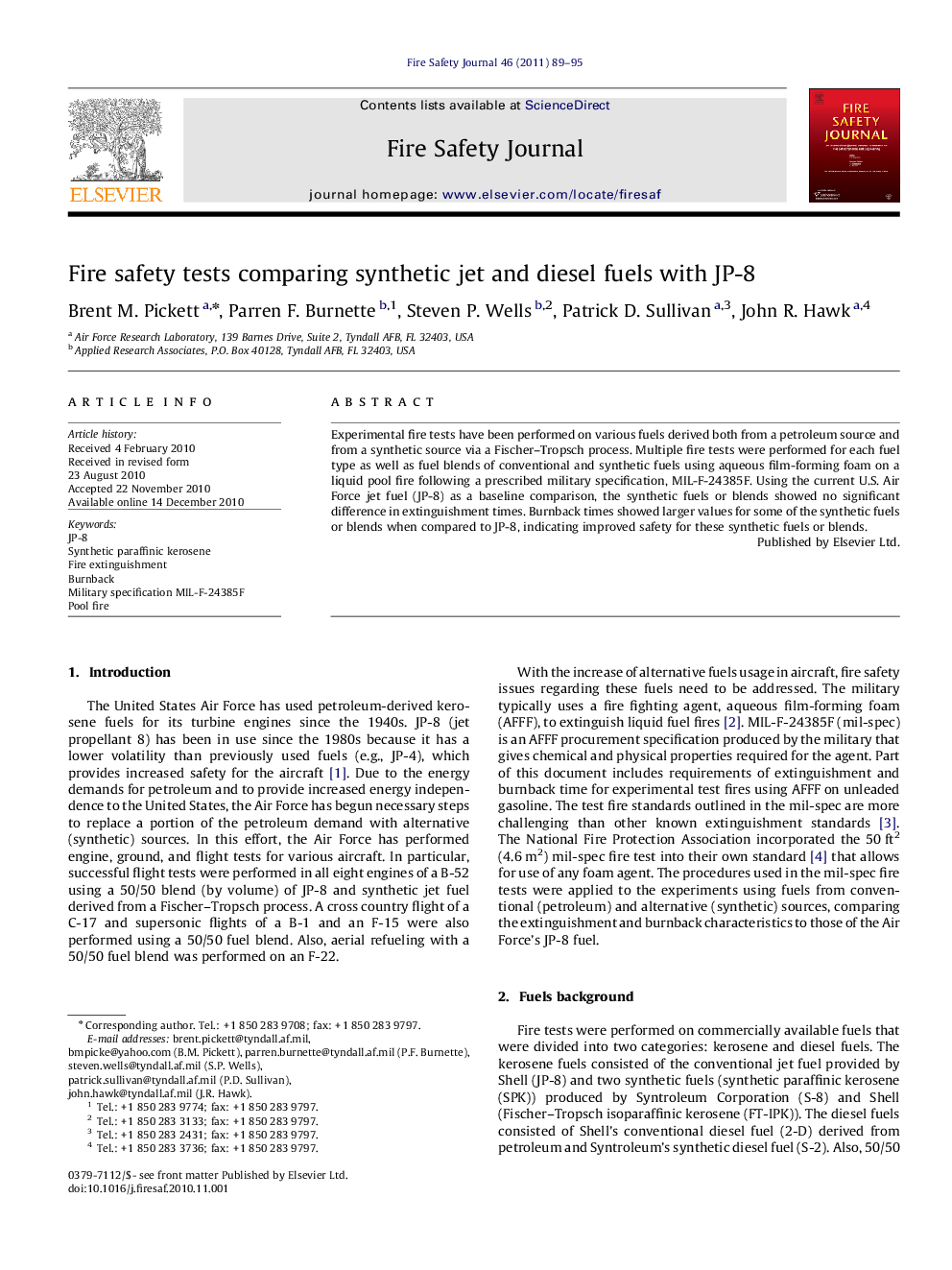 Fire safety tests comparing synthetic jet and diesel fuels with JP-8