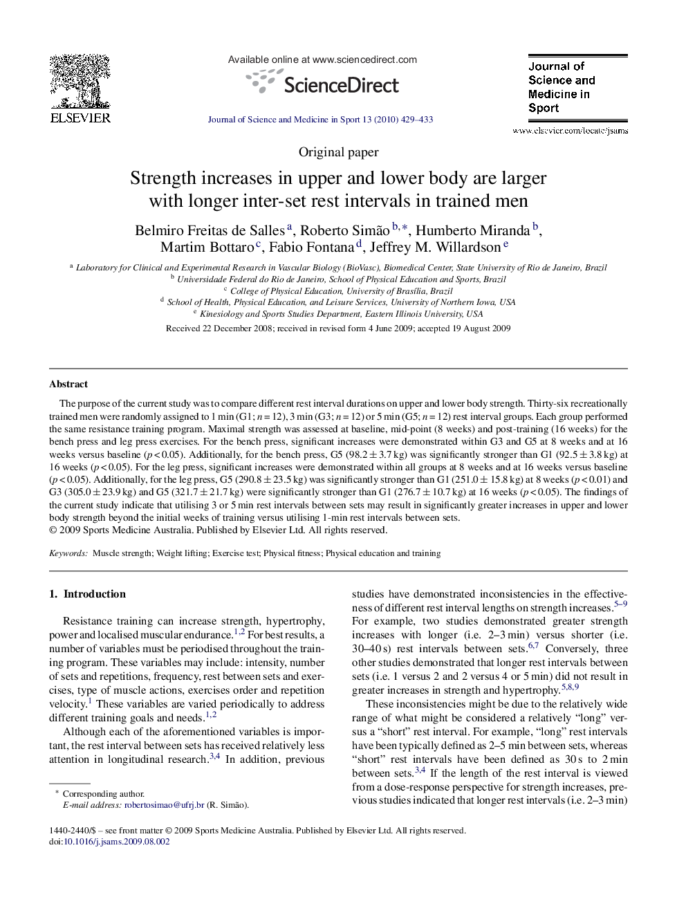 Strength increases in upper and lower body are larger with longer inter-set rest intervals in trained men