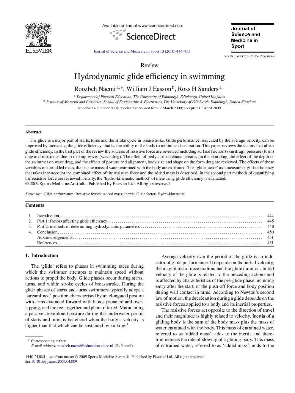 Hydrodynamic glide efficiency in swimming