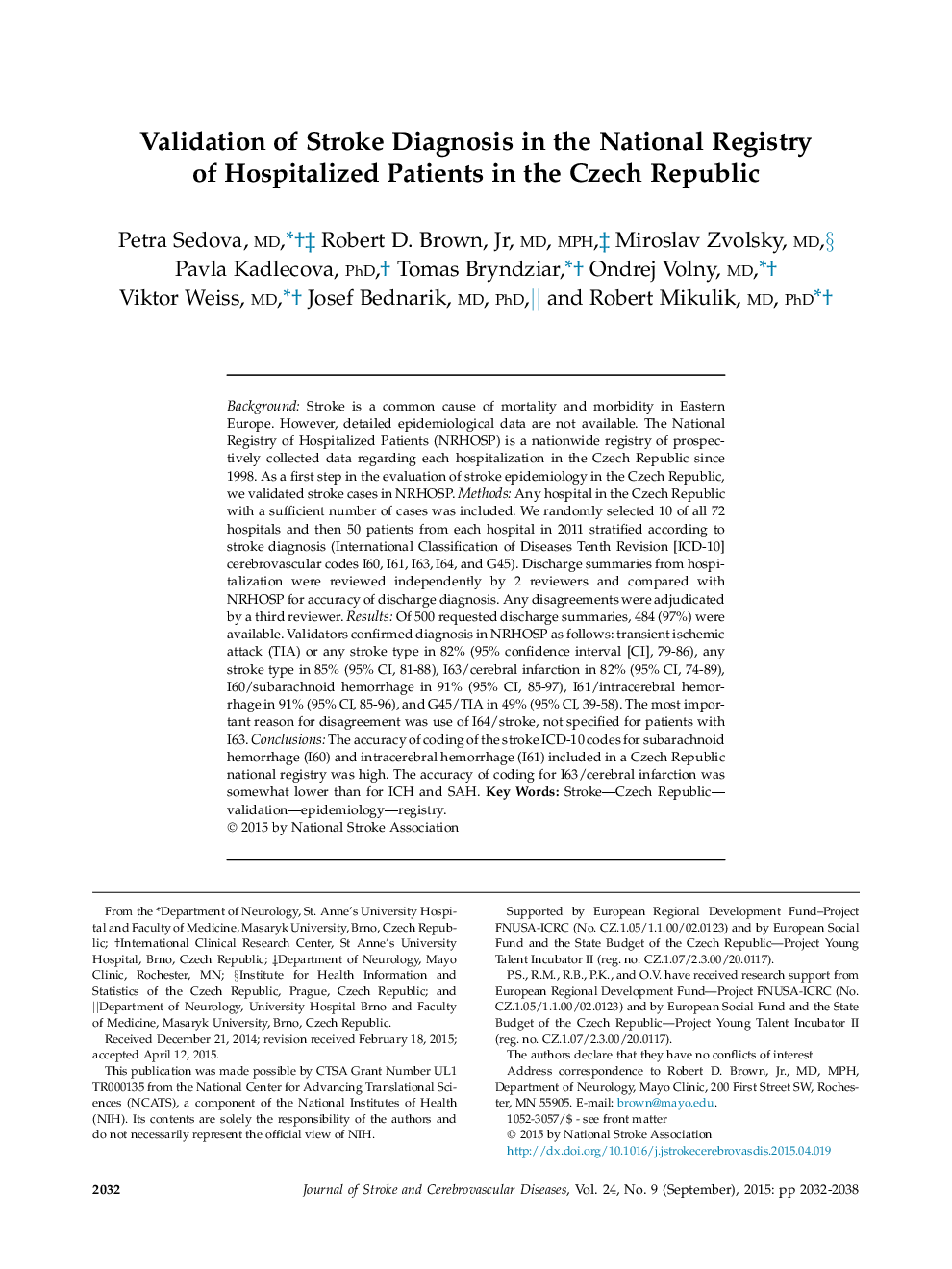 اعتبار تشخیص سکته مغزی در رجیستری ملی بیماران بستری در جمهوری چک 