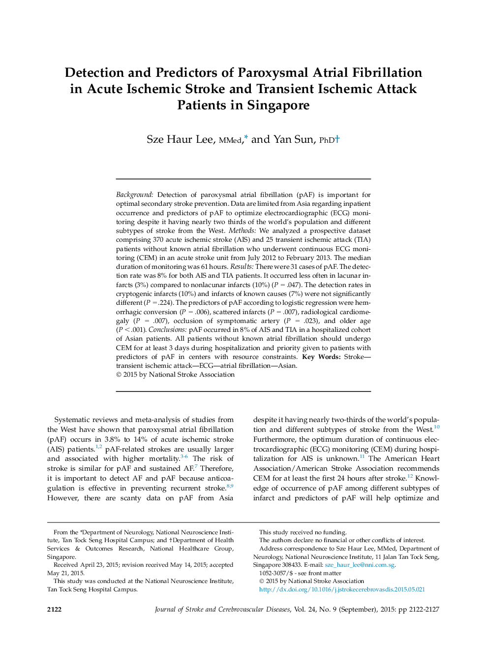 تشخیص و پیش بینی عوامل فیبریلاسیون دهلیزی پاروکسیسمال در سکته ای ایسکمیک حاد و بیماران مبتلا به حمله ایسکمیک گذرا در سنگاپور 