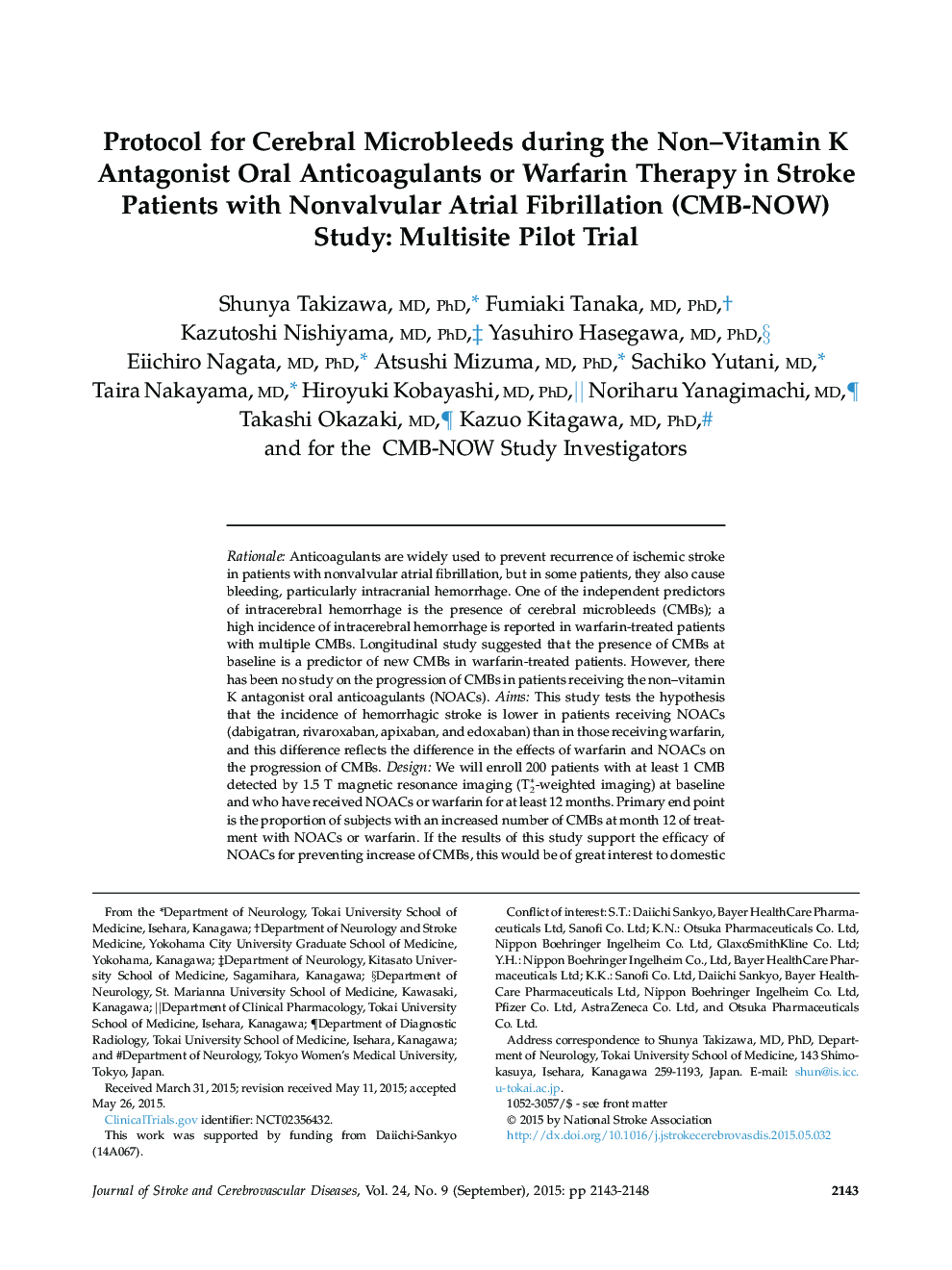 Protocol for Cerebral Microbleeds during the Non–Vitamin K Antagonist Oral Anticoagulants or Warfarin Therapy in Stroke Patients with Nonvalvular Atrial Fibrillation (CMB-NOW) Study: Multisite Pilot Trial 