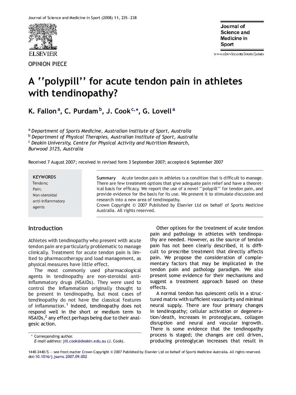 A “polypill” for acute tendon pain in athletes with tendinopathy?