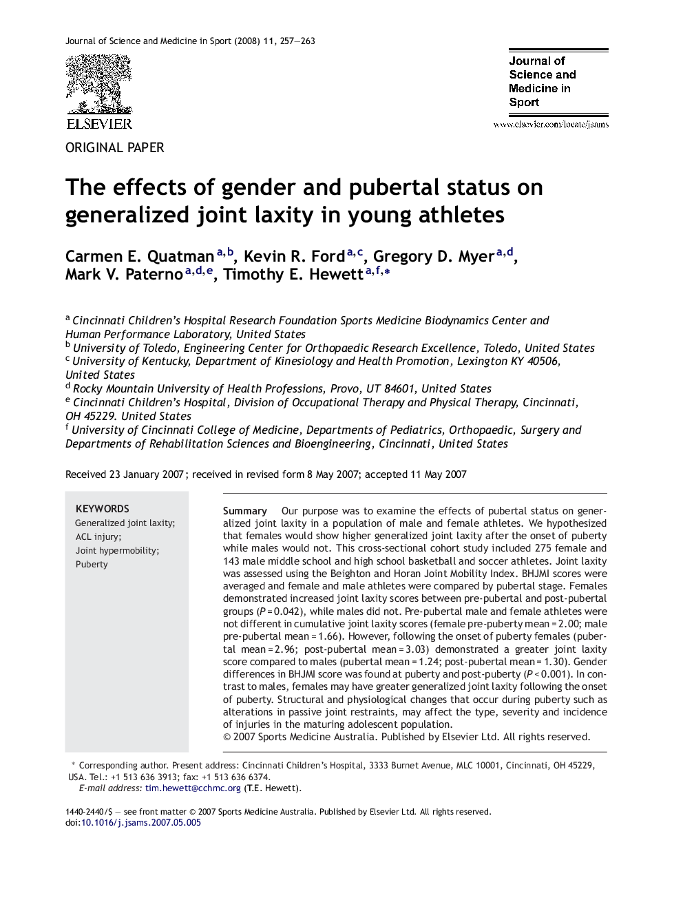 The effects of gender and pubertal status on generalized joint laxity in young athletes