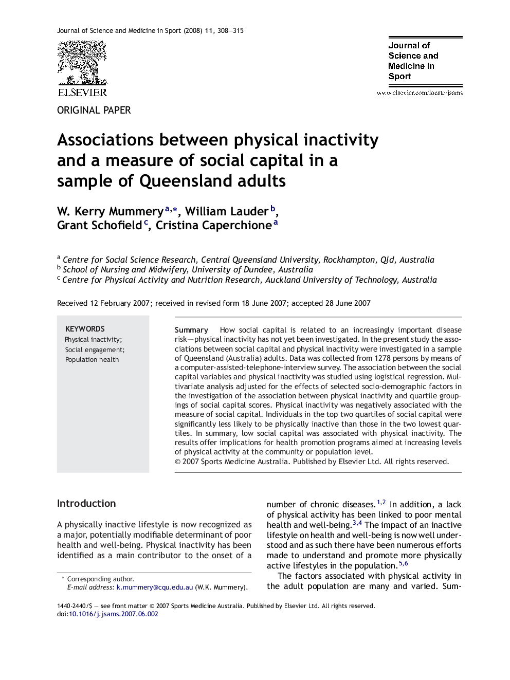 Associations between physical inactivity and a measure of social capital in a sample of Queensland adults
