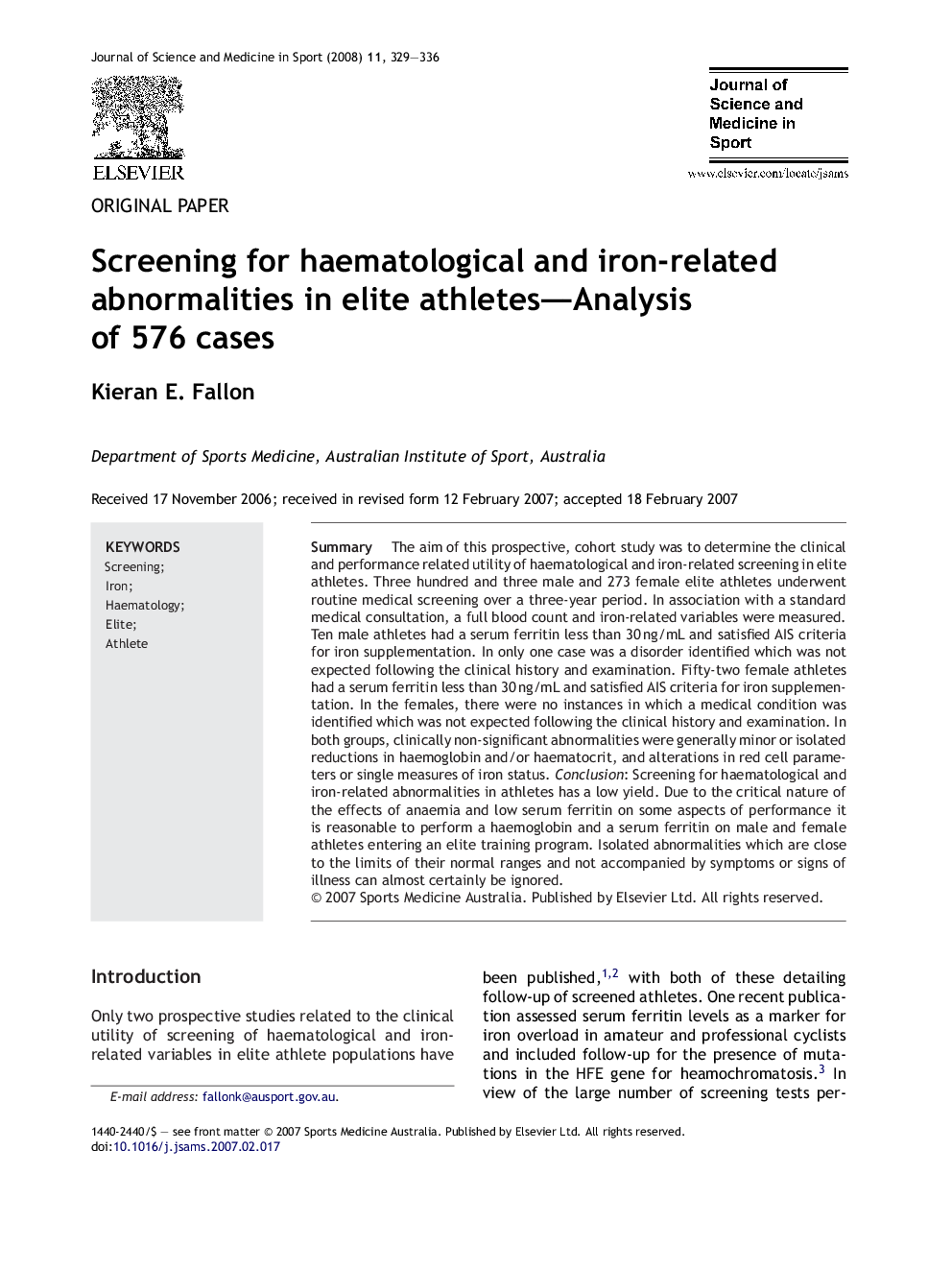 Screening for haematological and iron-related abnormalities in elite athletes—Analysis of 576 cases