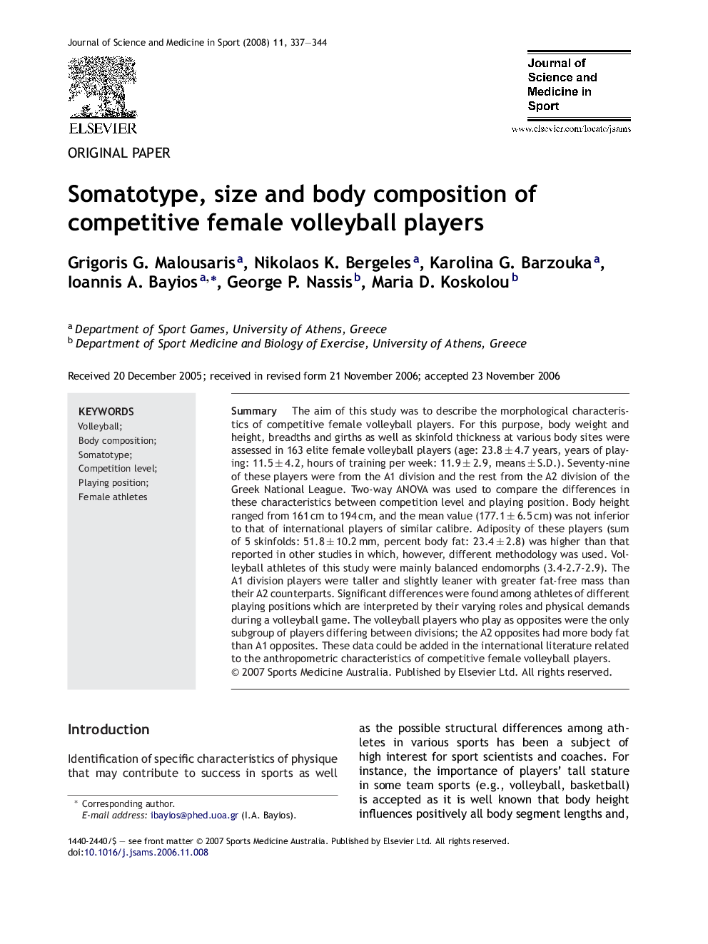 Somatotype, size and body composition of competitive female volleyball players