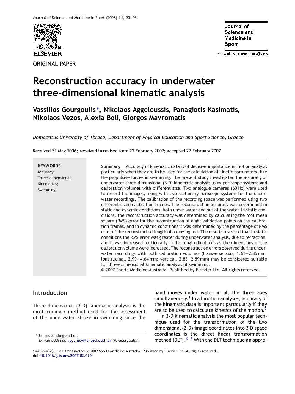 Reconstruction accuracy in underwater three-dimensional kinematic analysis