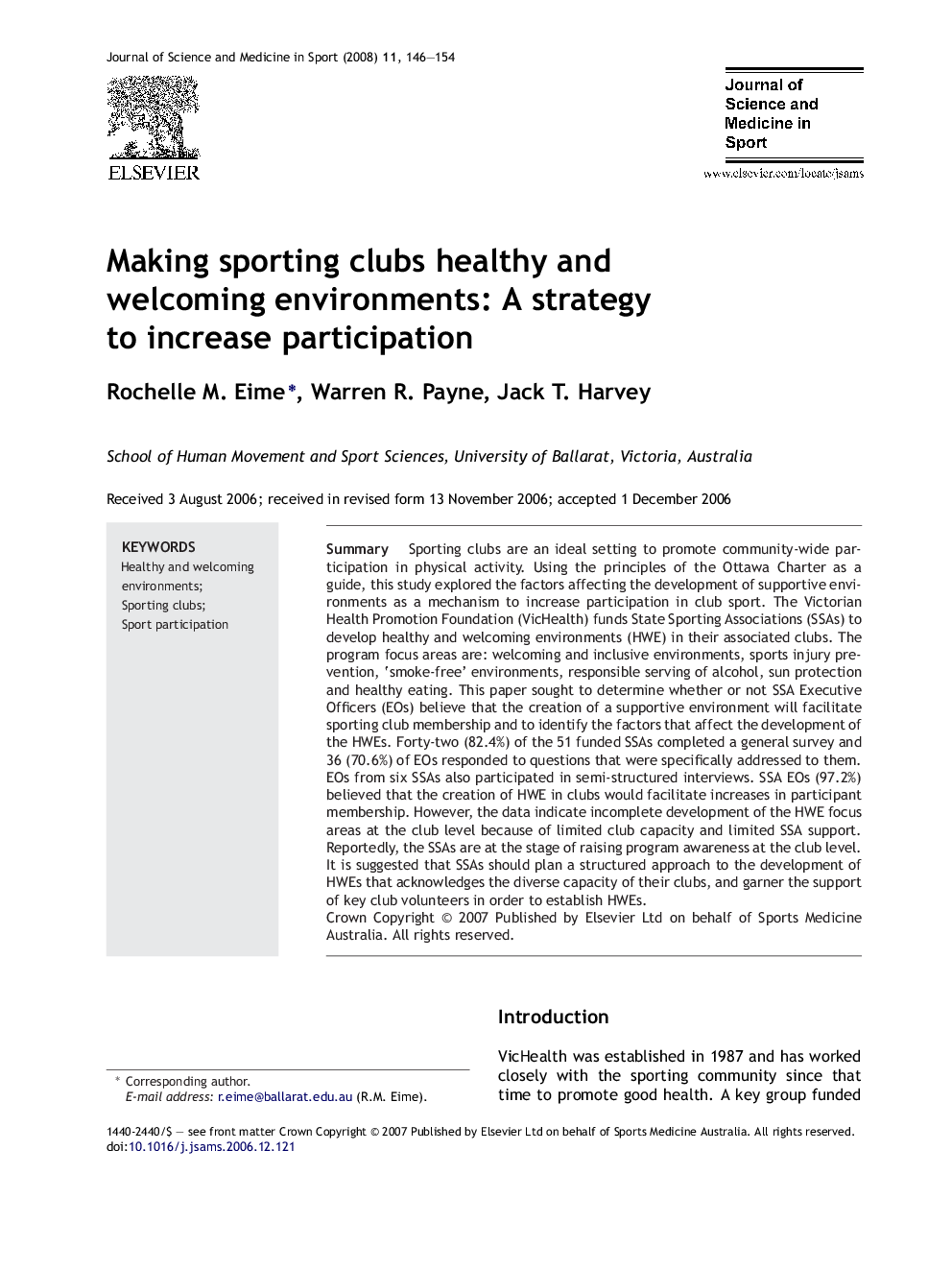 Making sporting clubs healthy and welcoming environments: A strategy to increase participation