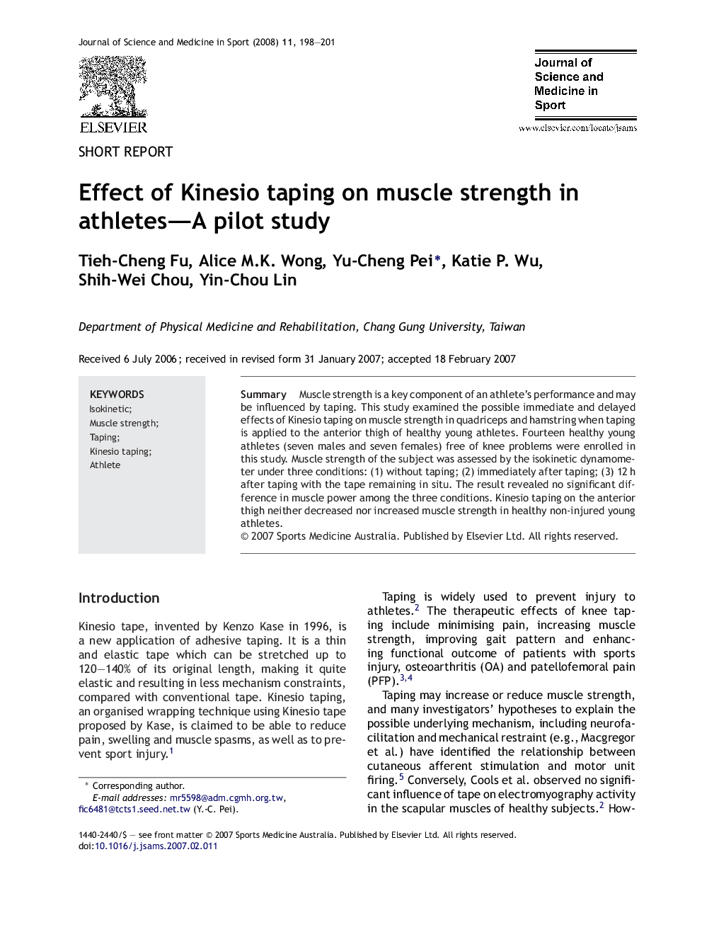 Effect of Kinesio taping on muscle strength in athletes—A pilot study