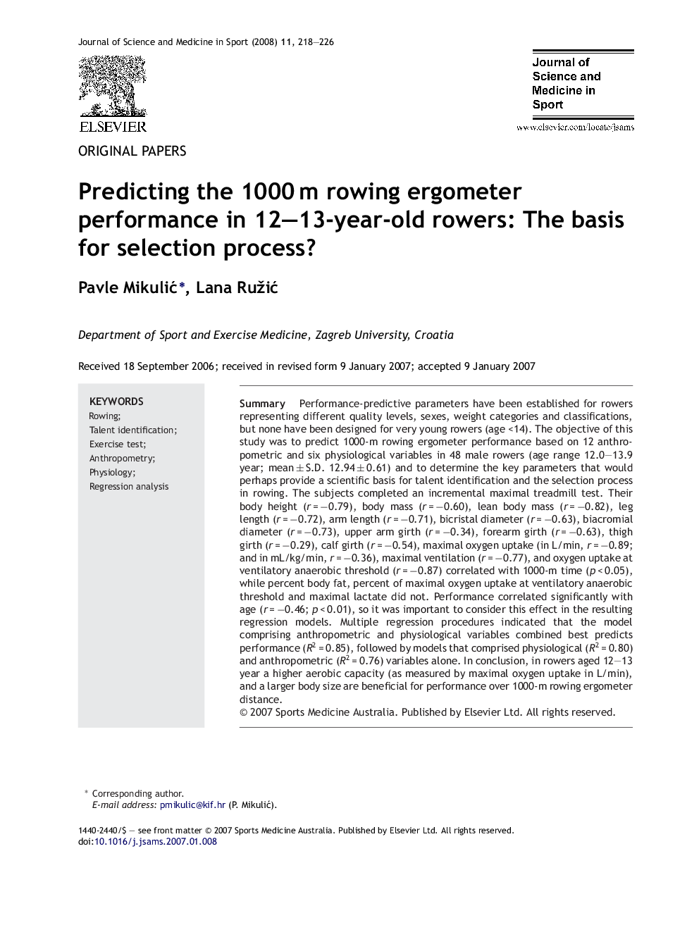 Predicting the 1000 m rowing ergometer performance in 12–13-year-old rowers: The basis for selection process?