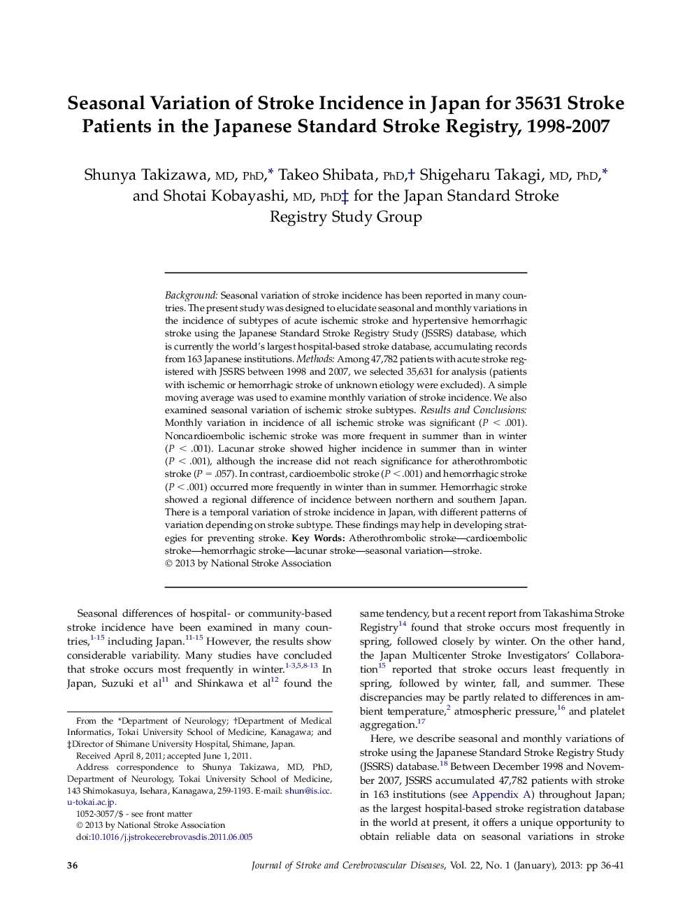 Seasonal Variation of Stroke Incidence in Japan for 35631 Stroke Patients in the Japanese Standard Stroke Registry, 1998-2007