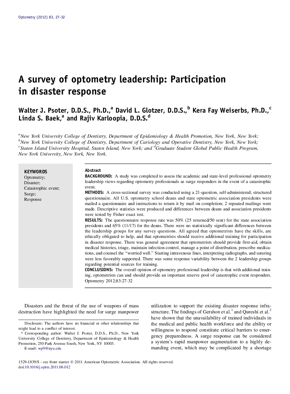 A survey of optometry leadership: Participation in disaster response 