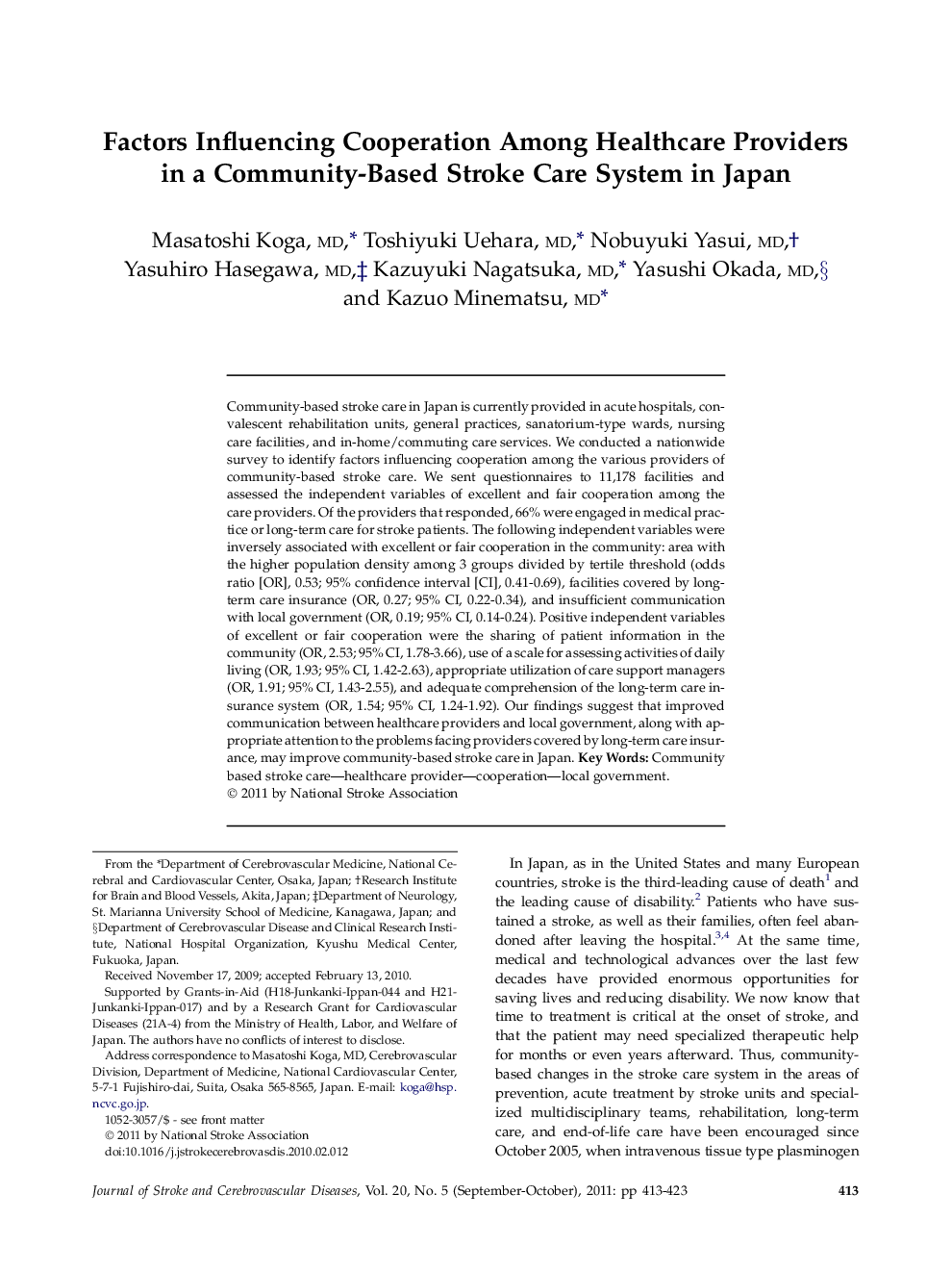 Factors Influencing Cooperation Among Healthcare Providers in a Community-Based Stroke Care System in Japan 