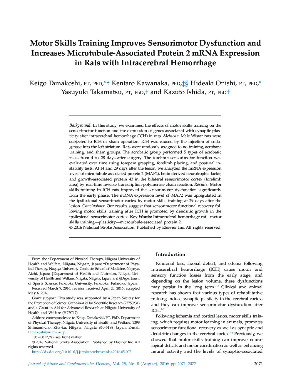 Motor Skills Training Improves Sensorimotor Dysfunction and Increases Microtubule-Associated Protein 2 mRNA Expression in Rats with Intracerebral Hemorrhage 