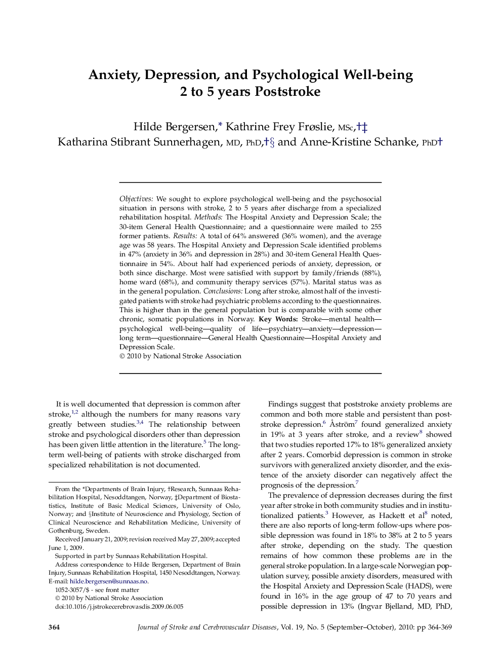 Anxiety, Depression, and Psychological Well-being 2 to 5 years Poststroke 