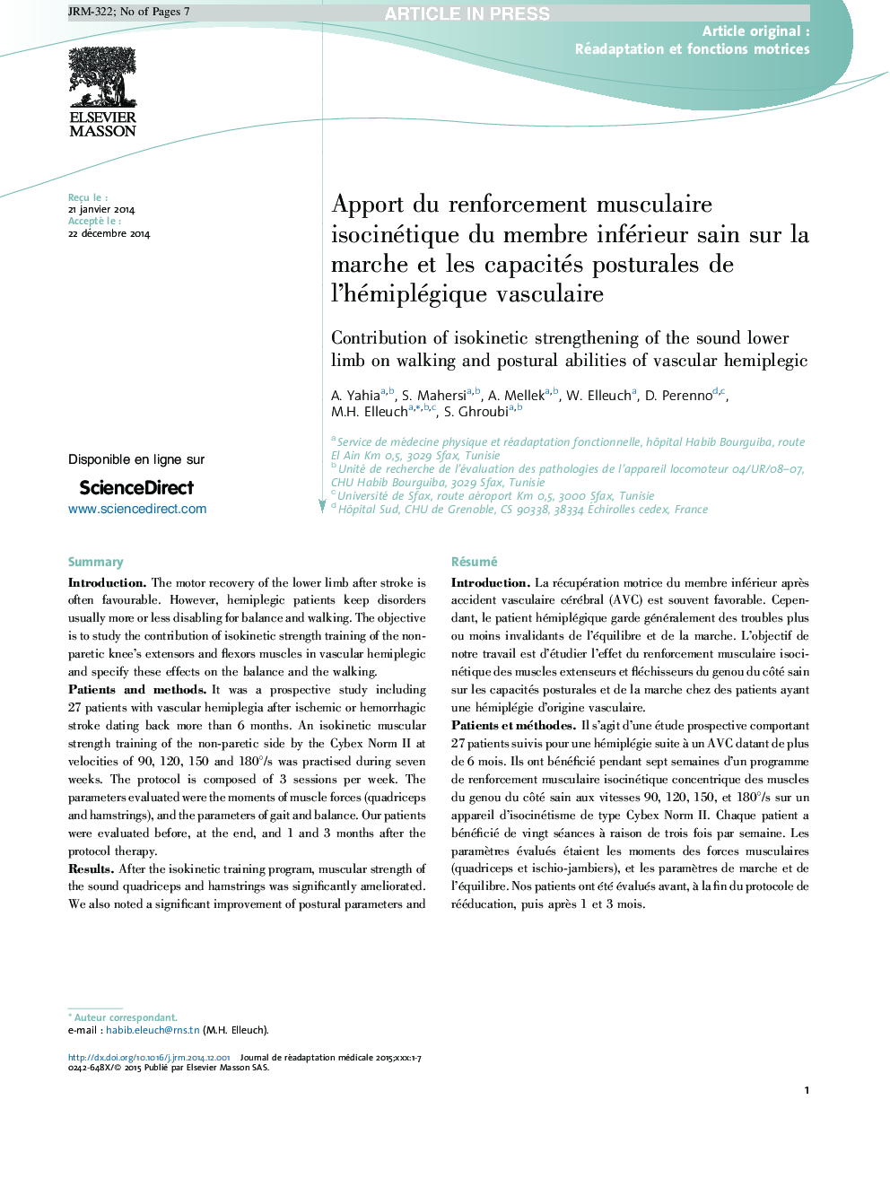 Apport du renforcement musculaire isocinétique du membre inférieur sain sur la marche et les capacités posturales de l'hémiplégique vasculaire