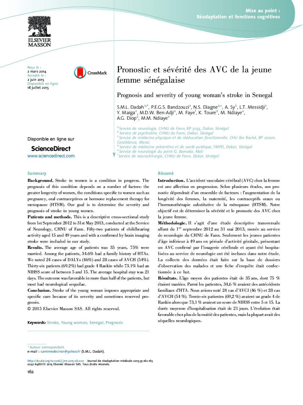 Pronostic et sévérité des AVC de la jeune femme sénégalaise