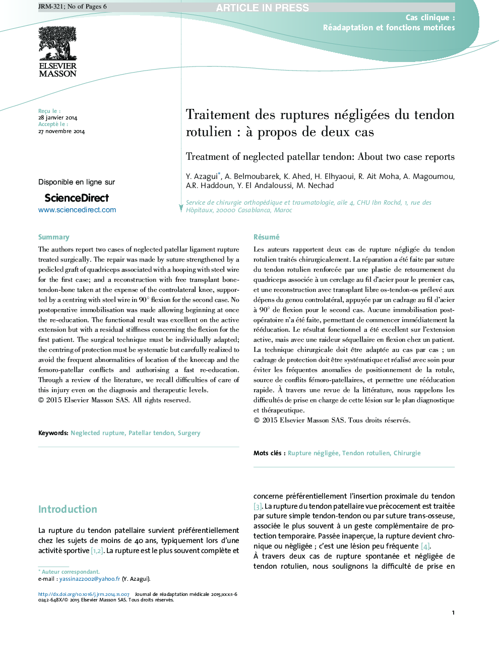 Traitement des ruptures négligées du tendon rotulienÂ : Ã  propos de deux cas