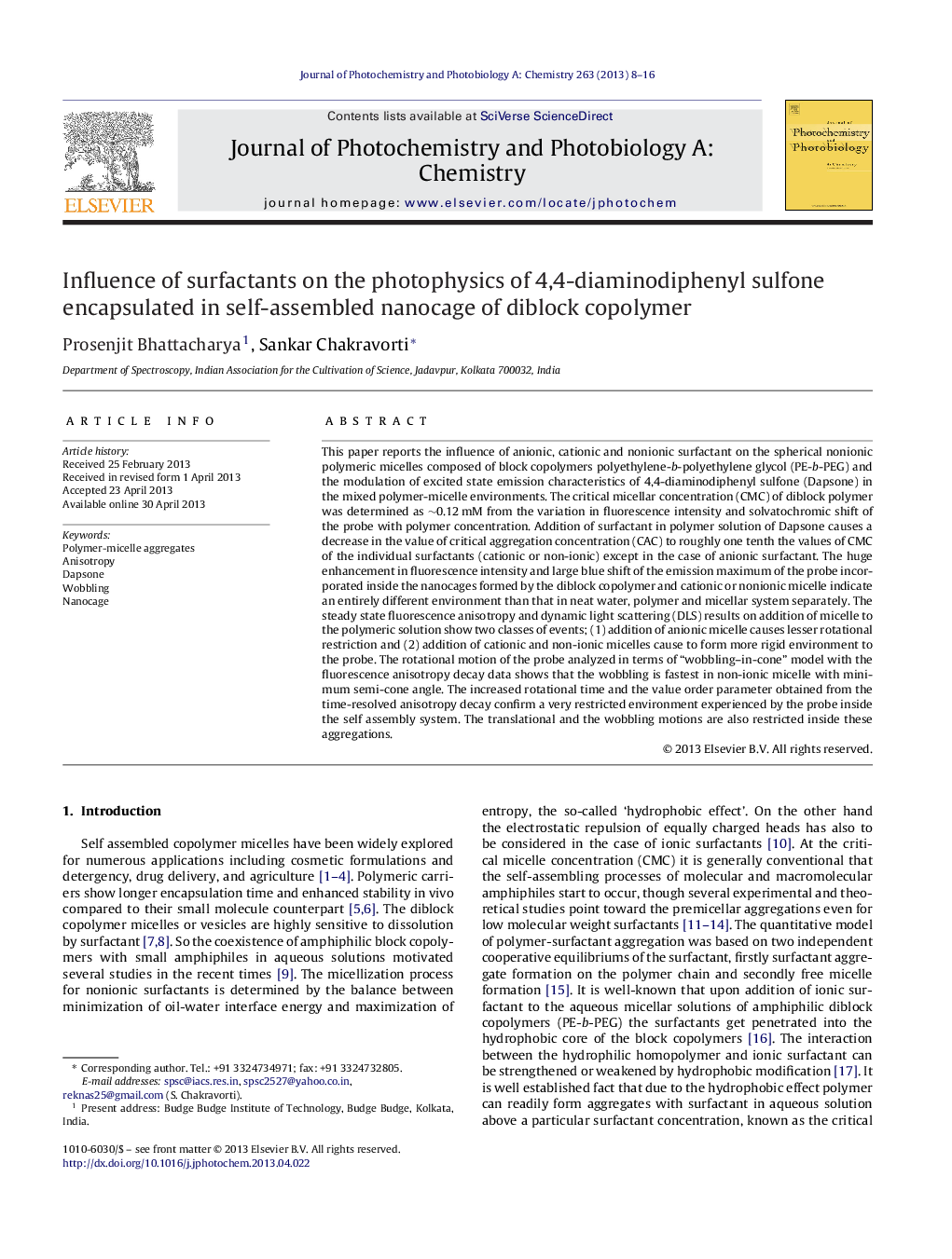 Influence of surfactants on the photophysics of 4,4-diaminodiphenyl sulfone encapsulated in self-assembled nanocage of diblock copolymer