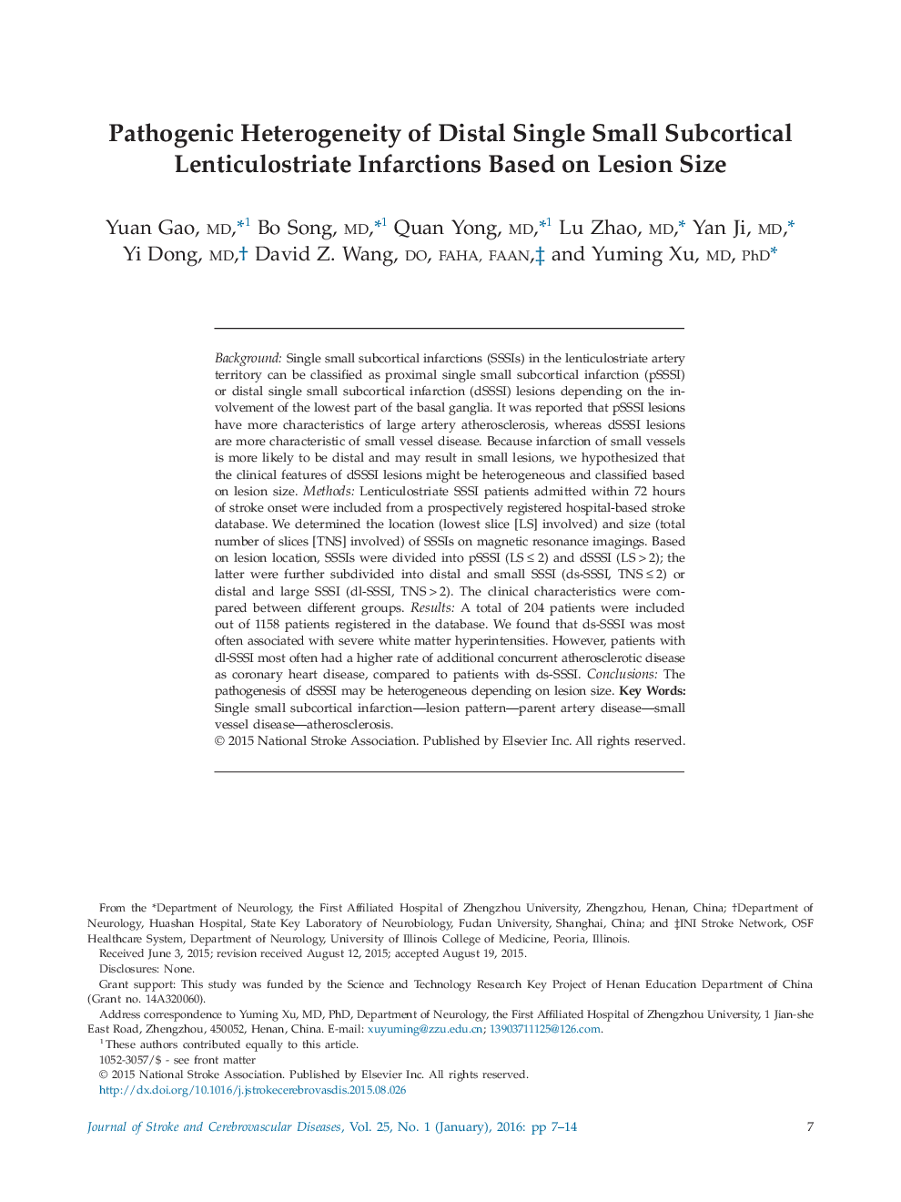 Pathogenic Heterogeneity of Distal Single Small Subcortical Lenticulostriate Infarctions Based on Lesion Size