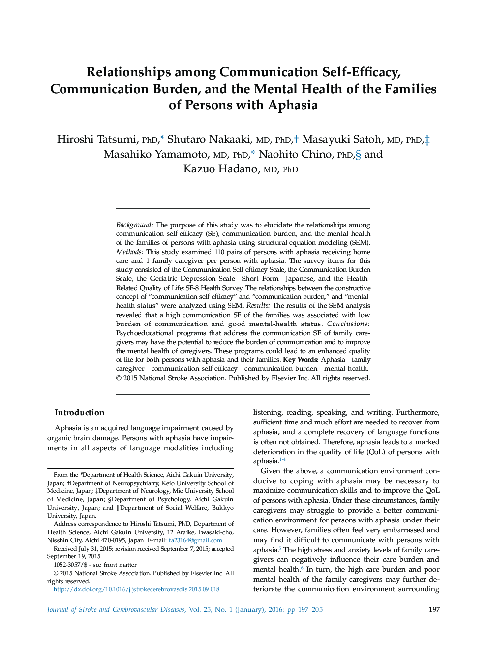 Relationships among Communication Self-Efficacy, Communication Burden, and the Mental Health of the Families of Persons with Aphasia