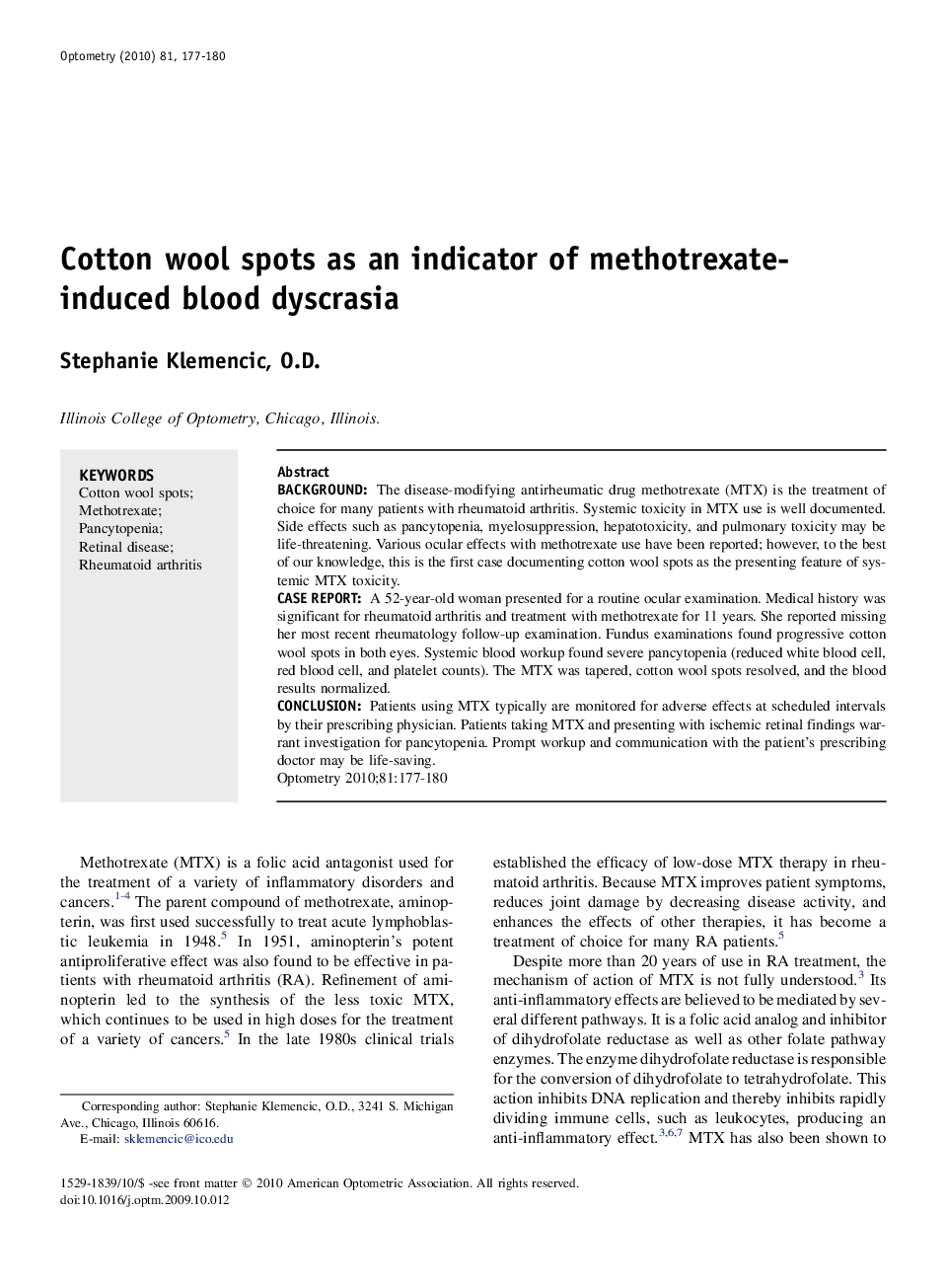 Cotton wool spots as an indicator of methotrexate-induced blood dyscrasia