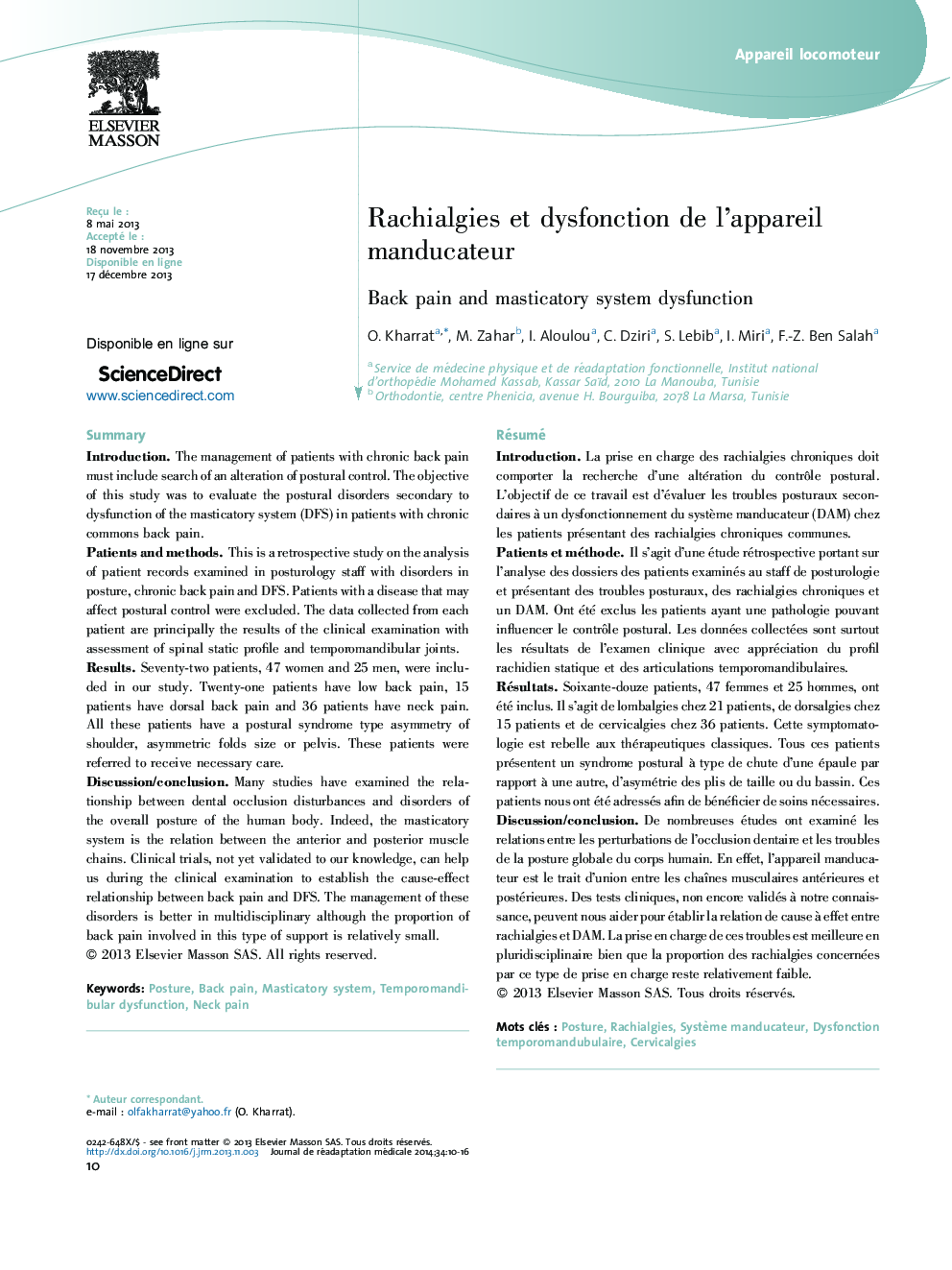 Rachialgies et dysfonction de l'appareil manducateur