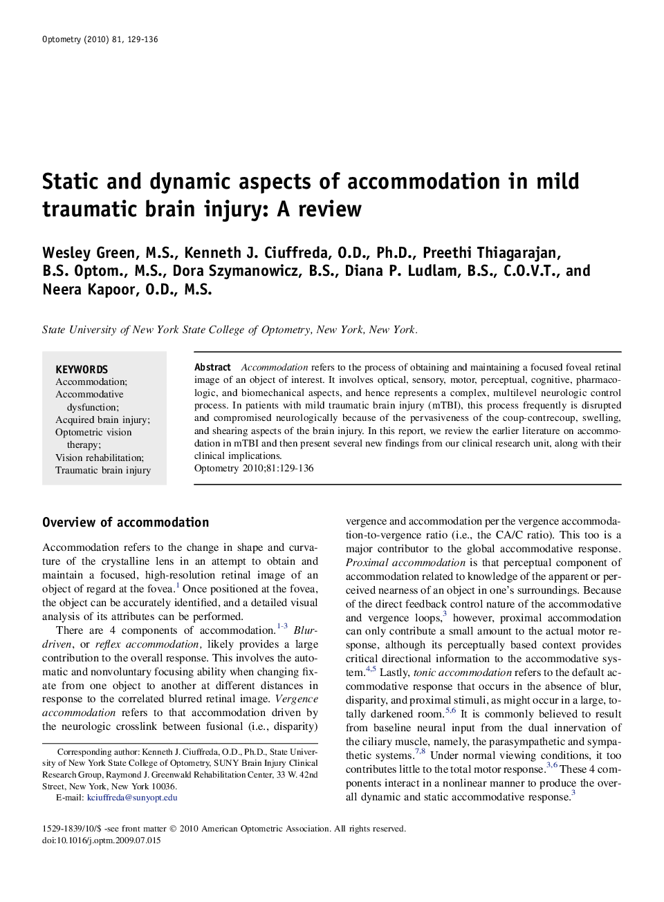 Static and dynamic aspects of accommodation in mild traumatic brain injury: A review