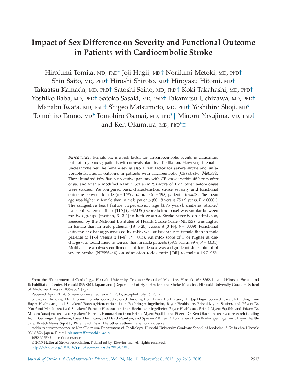 Impact of Sex Difference on Severity and Functional Outcome in Patients with Cardioembolic Stroke 