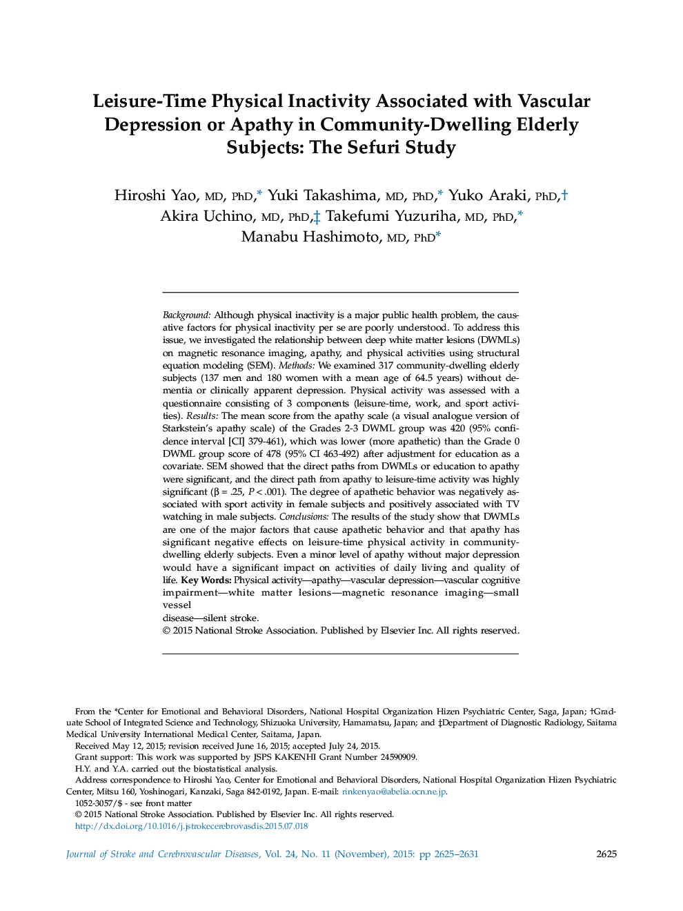 بی اختیاری فیزیکی در اوقات فراغت همراه با افسردگی عروقی یا بی تفاوتی در جامعه مسکن افراد سالخورده: مطالعه سیفوری 