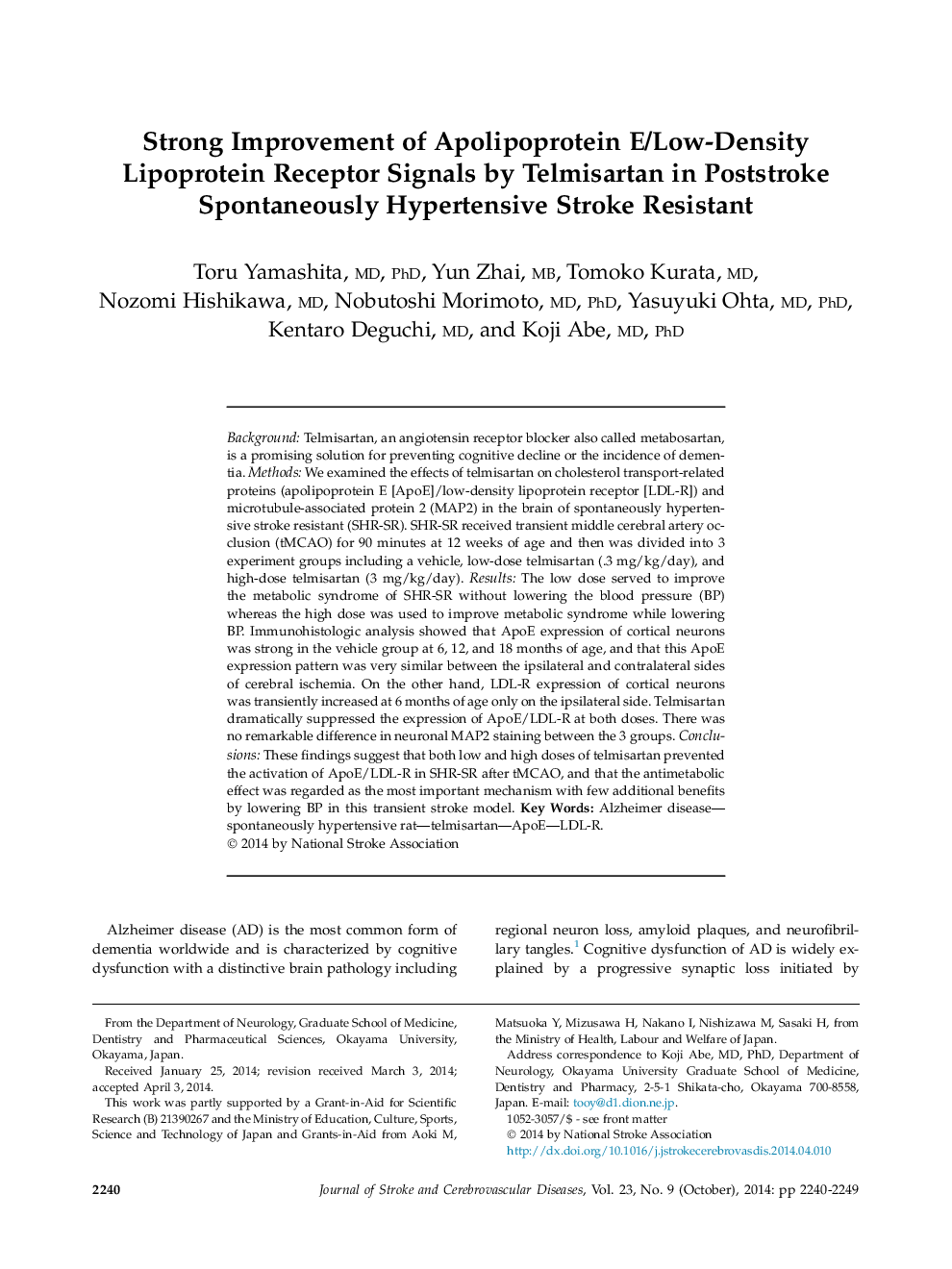 Strong Improvement of Apolipoprotein E/Low-Density Lipoprotein Receptor Signals by Telmisartan in Poststroke Spontaneously Hypertensive Stroke Resistant 