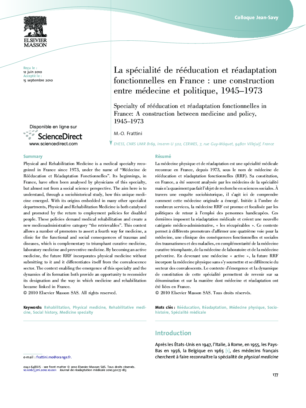 La spécialité de rééducation et réadaptation fonctionnelles en FranceÂ : une construction entre médecine et politique, 1945-1973