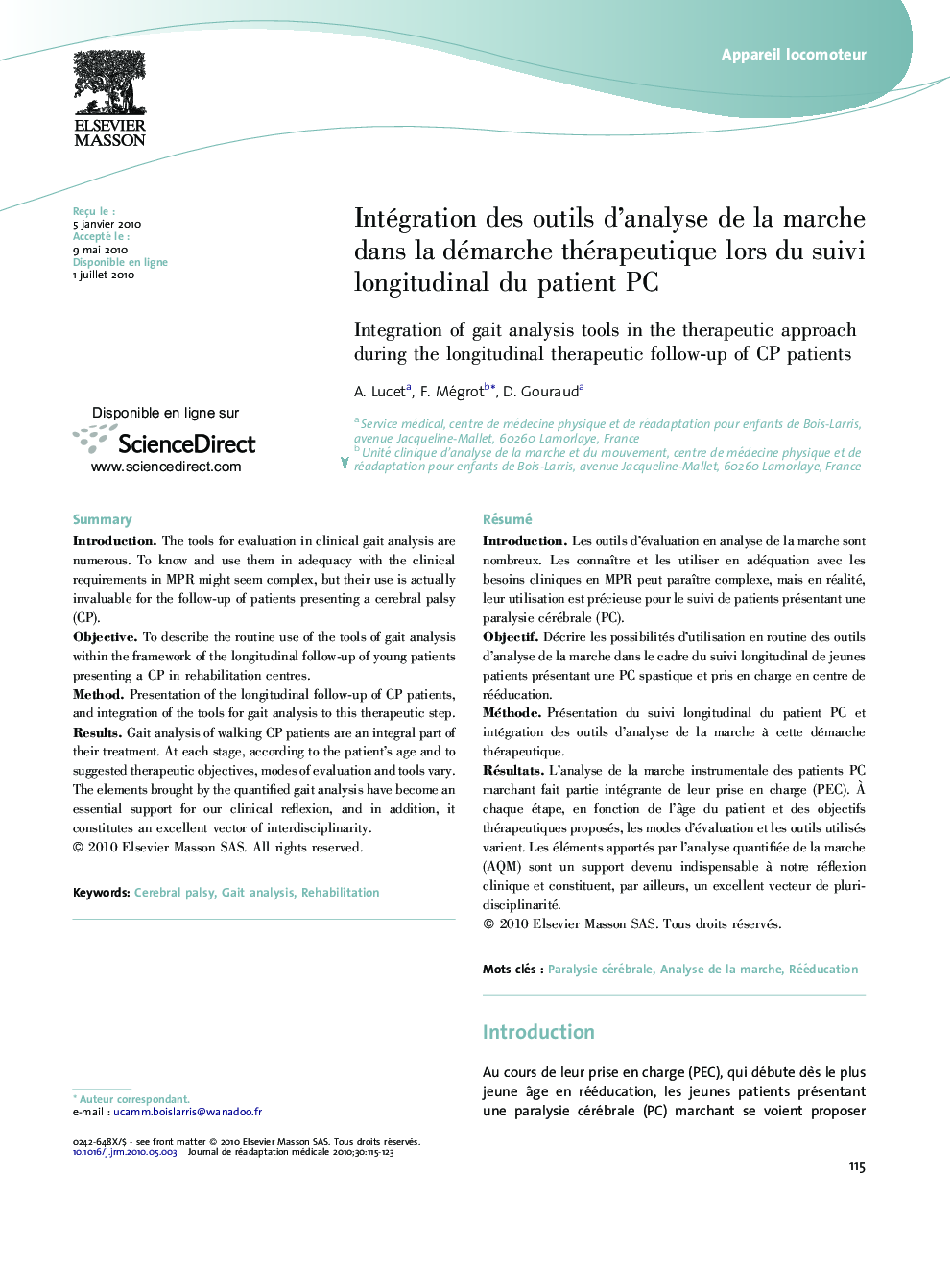 Intégration des outils d'analyse de la marche dans la démarche thérapeutique lors du suivi longitudinal du patient PC