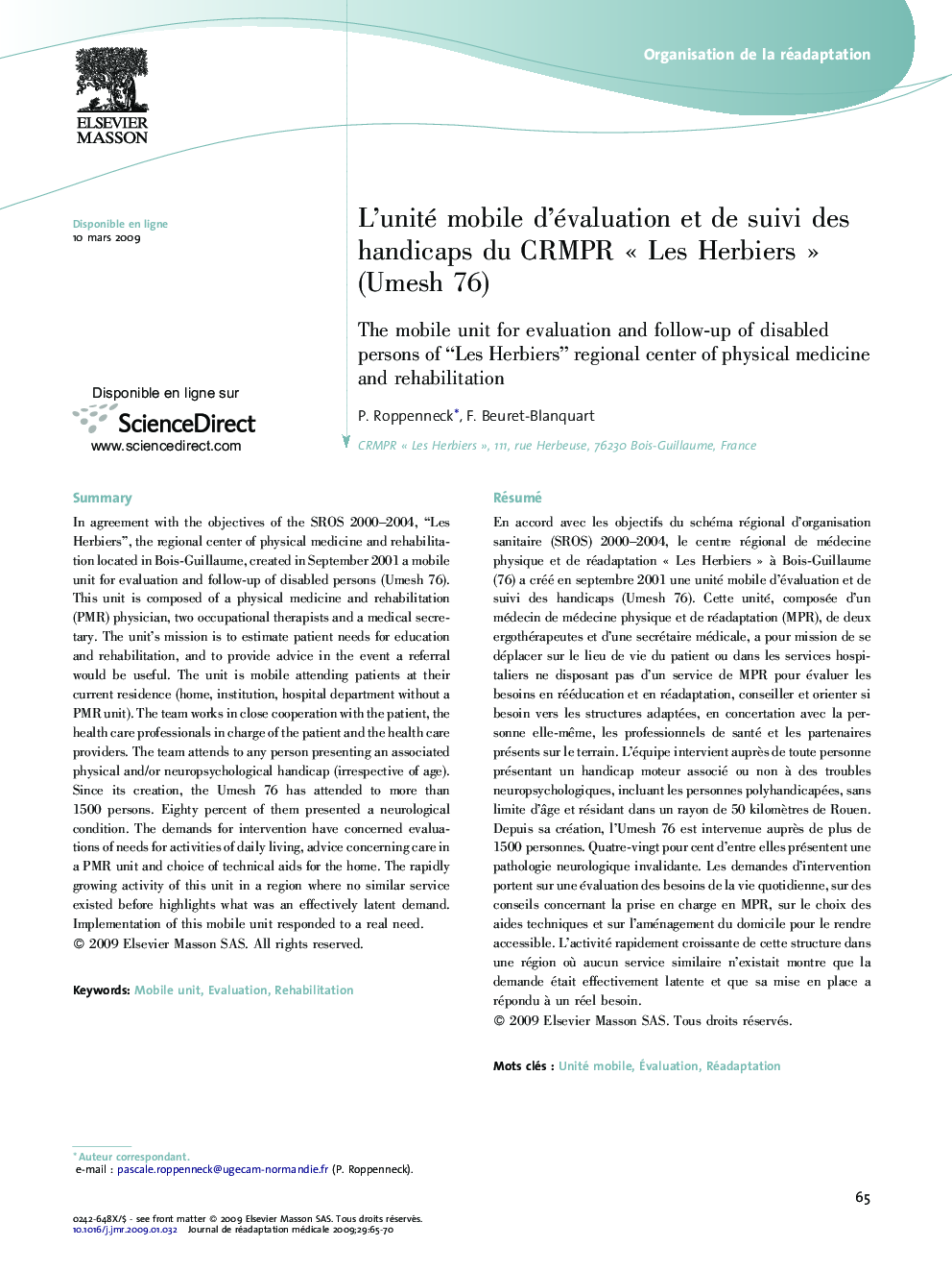 L'unité mobile d'évaluation et de suivi des handicaps du CRMPR Â«Â Les HerbiersÂ Â» (Umesh 76)