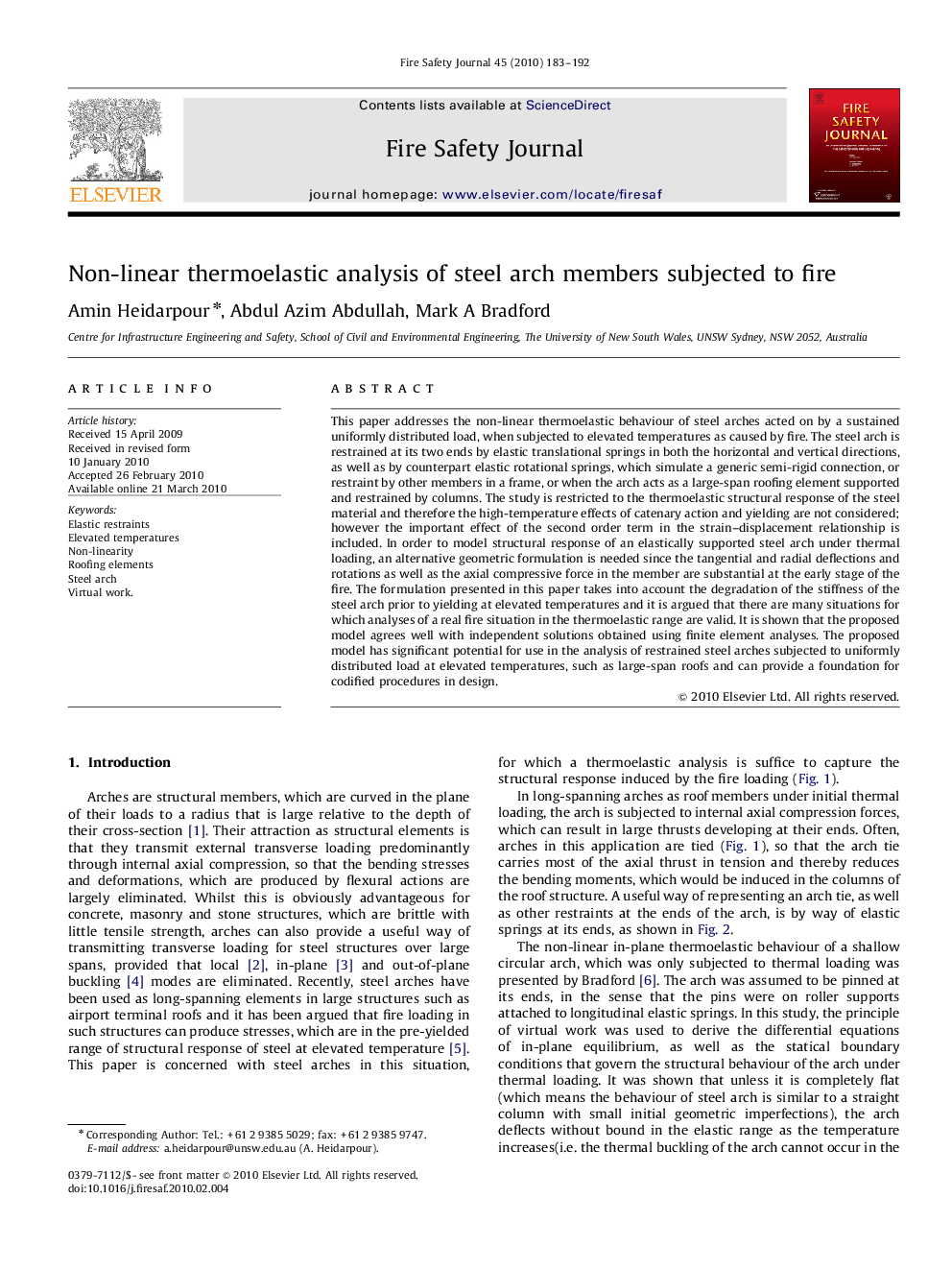 Non-linear thermoelastic analysis of steel arch members subjected to fire