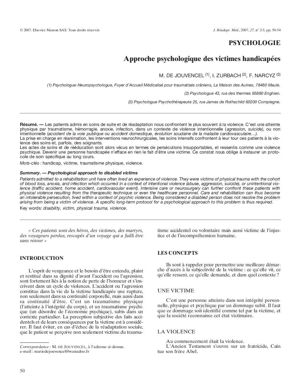 Approche psychologique des victimes handicapées