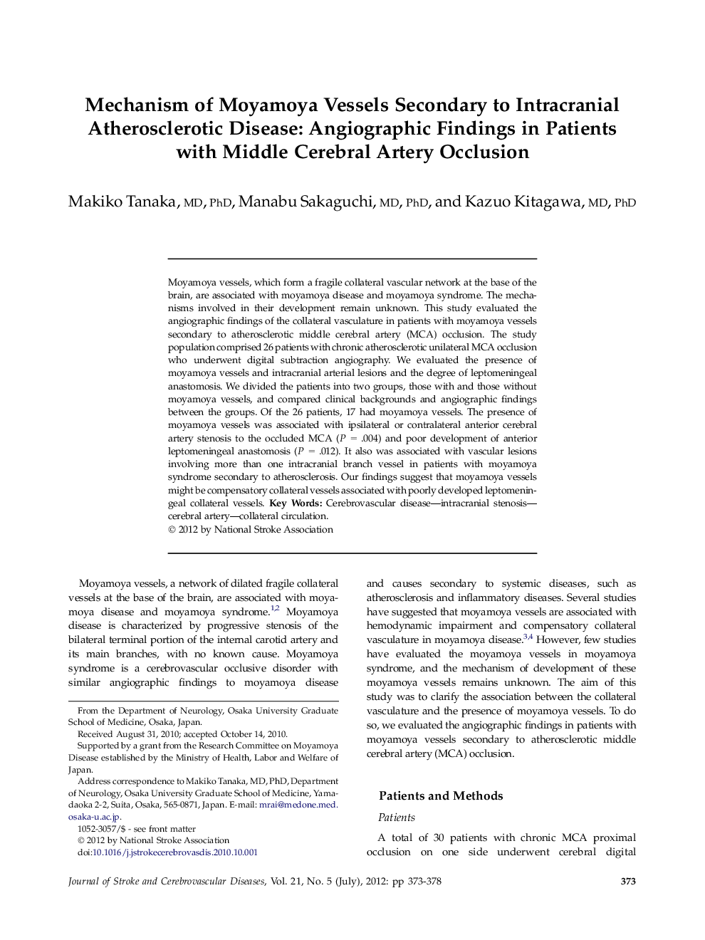 Mechanism of Moyamoya Vessels Secondary to Intracranial Atherosclerotic Disease: Angiographic Findings in Patients with Middle Cerebral Artery Occlusion 