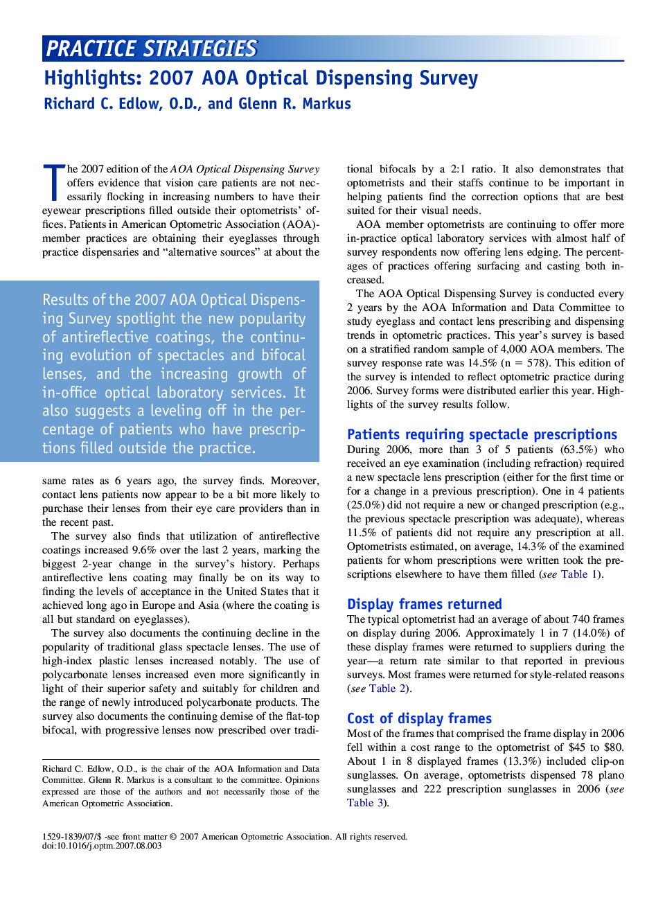 Highlights: 2007 AOA Optical Dispensing Survey