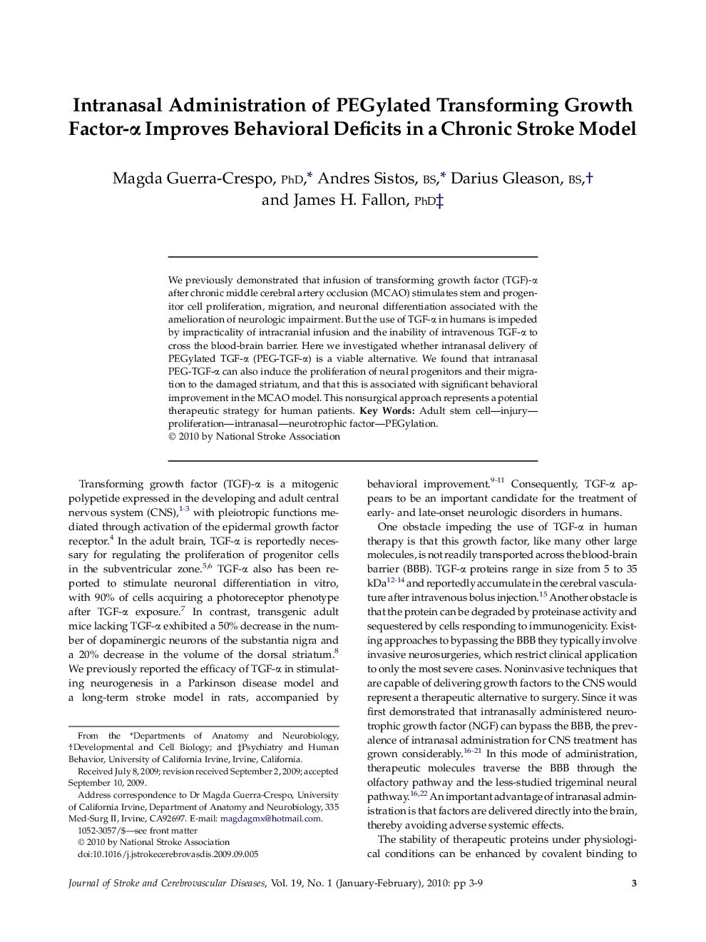 Intranasal Administration of PEGylated Transforming Growth Factor-α Improves Behavioral Deficits in a Chronic Stroke Model