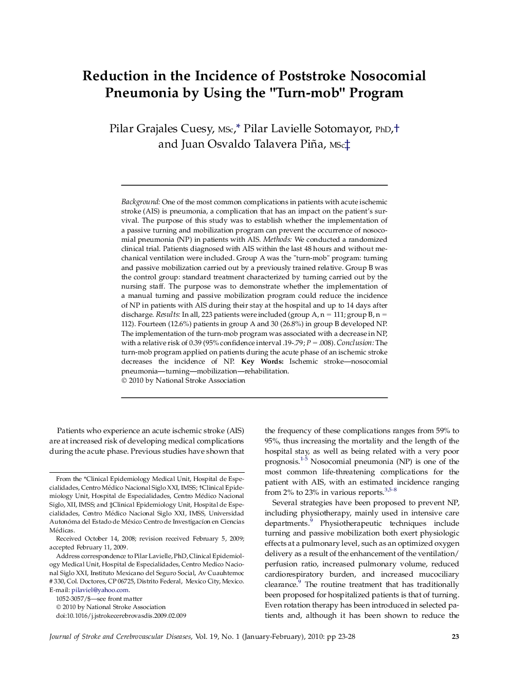 Reduction in the Incidence of Poststroke Nosocomial Pneumonia by Using the “Turn-mob” Program