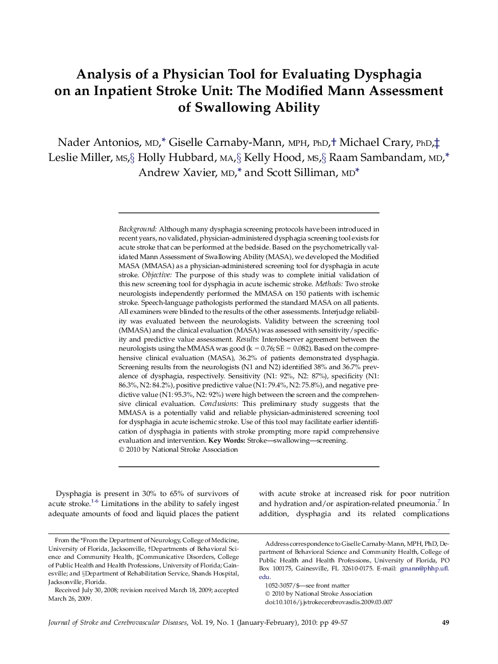 Analysis of a Physician Tool for Evaluating Dysphagia on an Inpatient Stroke Unit: The Modified Mann Assessment of Swallowing Ability