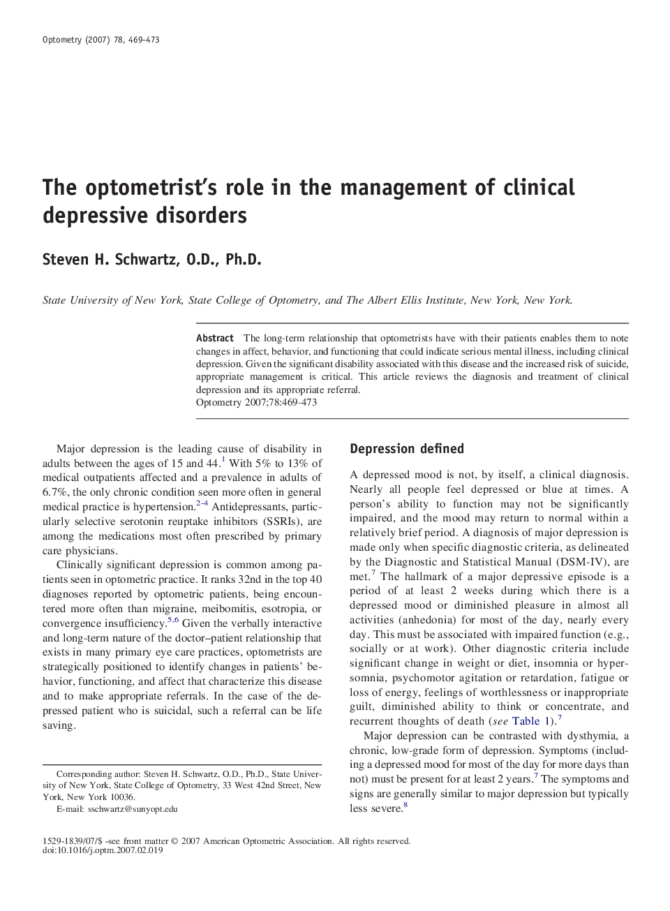 عکس صفحه اول مقاله: The optometrist’s role in the management of clinical depressive disorders The optometrist’s role in the management of clinical depressive disorders