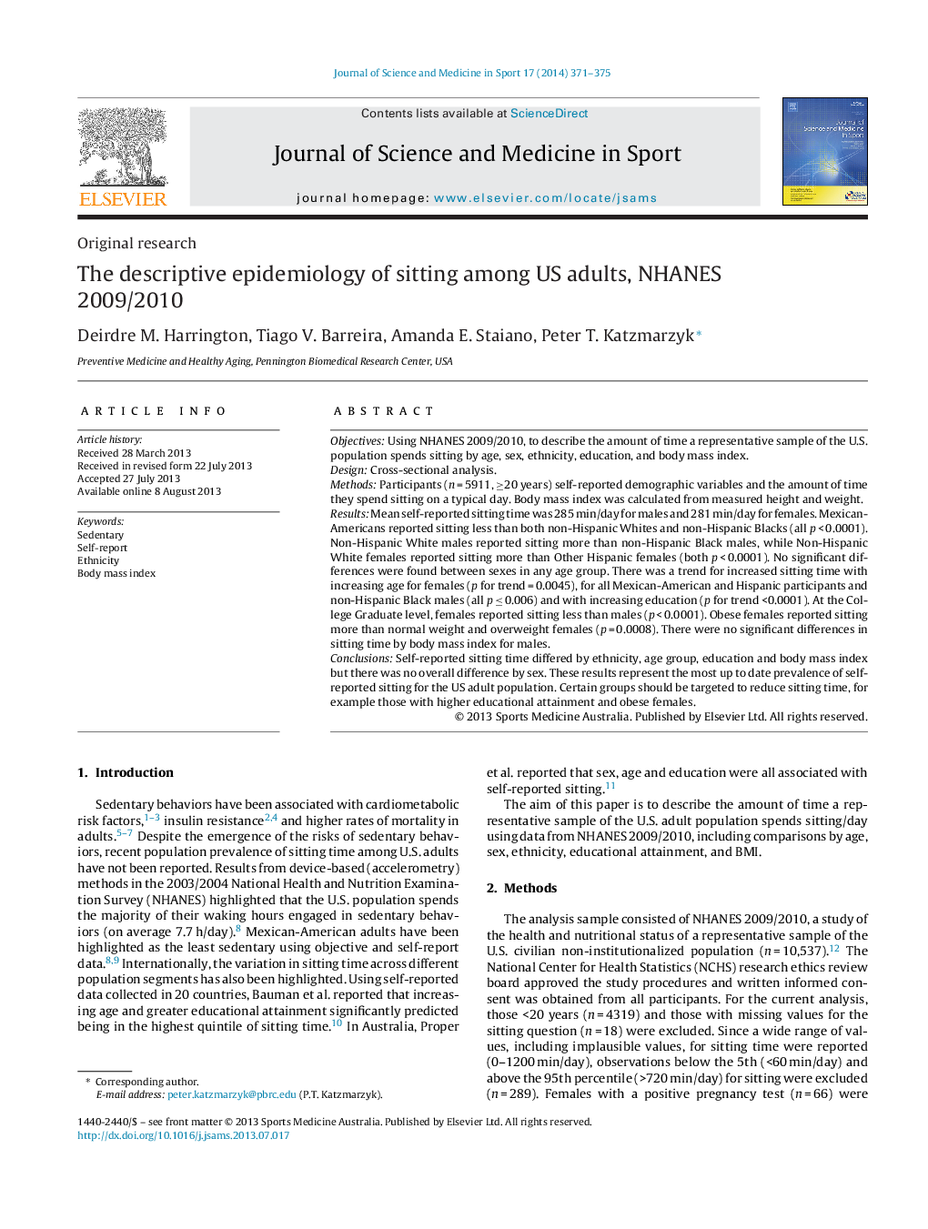 The descriptive epidemiology of sitting among US adults, NHANES 2009/2010