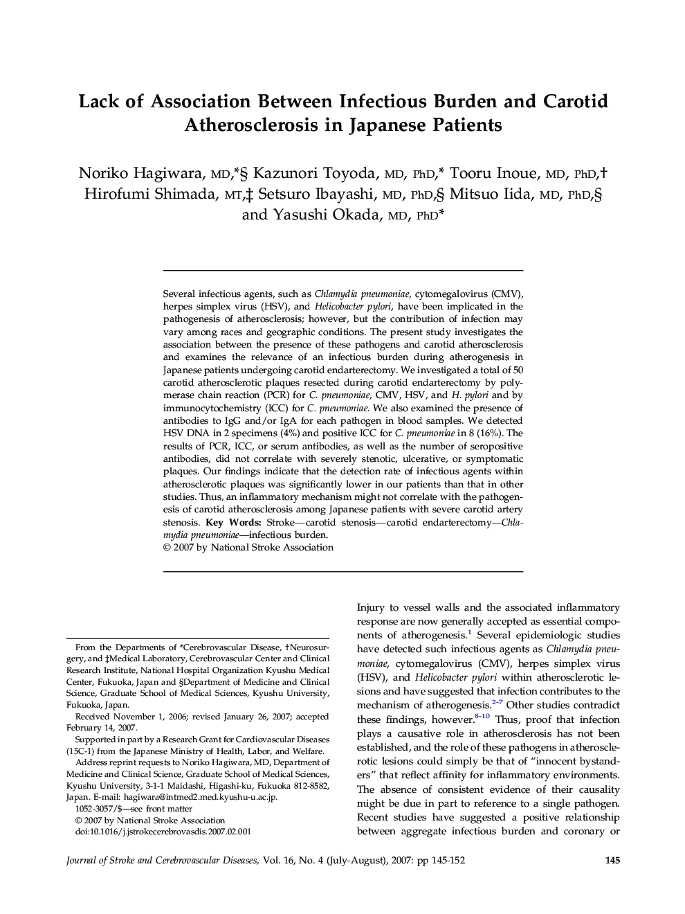 Lack of Association Between Infectious Burden and Carotid Atherosclerosis in Japanese Patients 